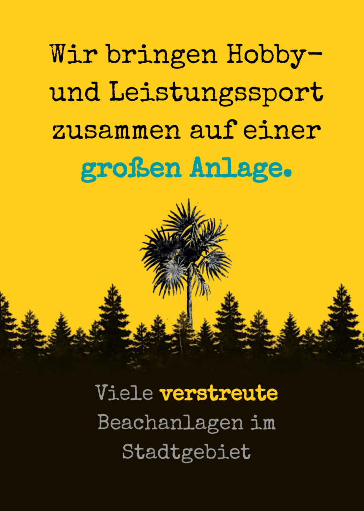 Unser Konzept: Wir bringen Hobby- und Leistungssport zusammen auf einer großen Anlage. / Status quo: Viele verstreute Anlagen im Stadtgebiet.