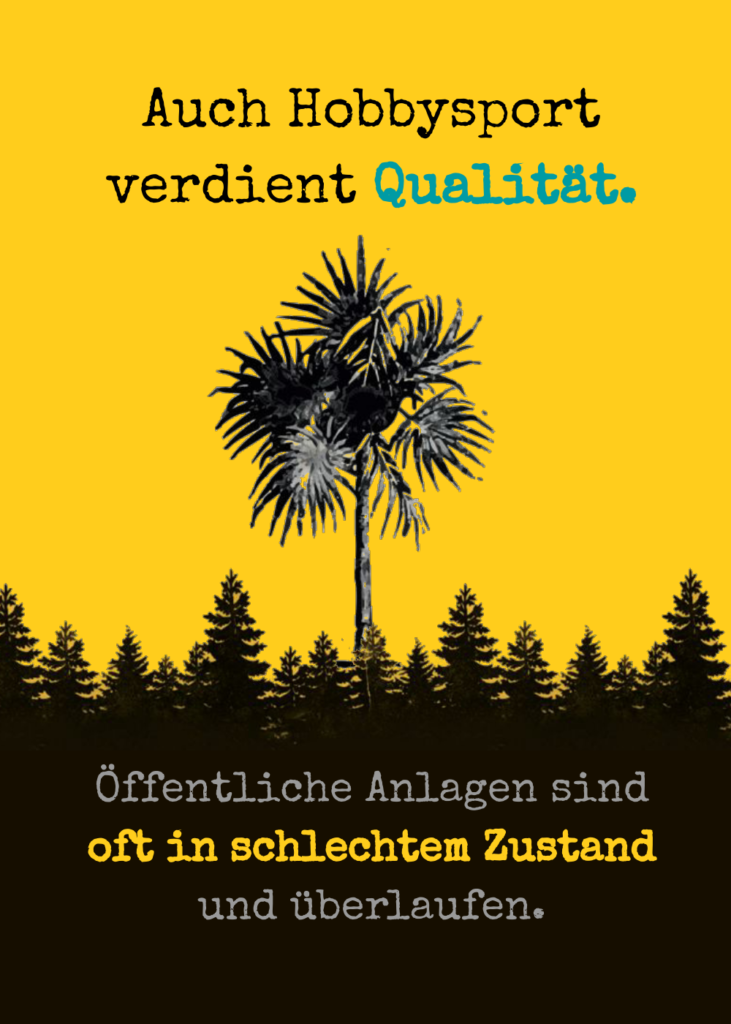 Unser Konzept: Auch Hobbysport verdient Qualität. / Status quo: Öffentliche Anlagen sind oft in schlechtem Zustand und überlaufen.